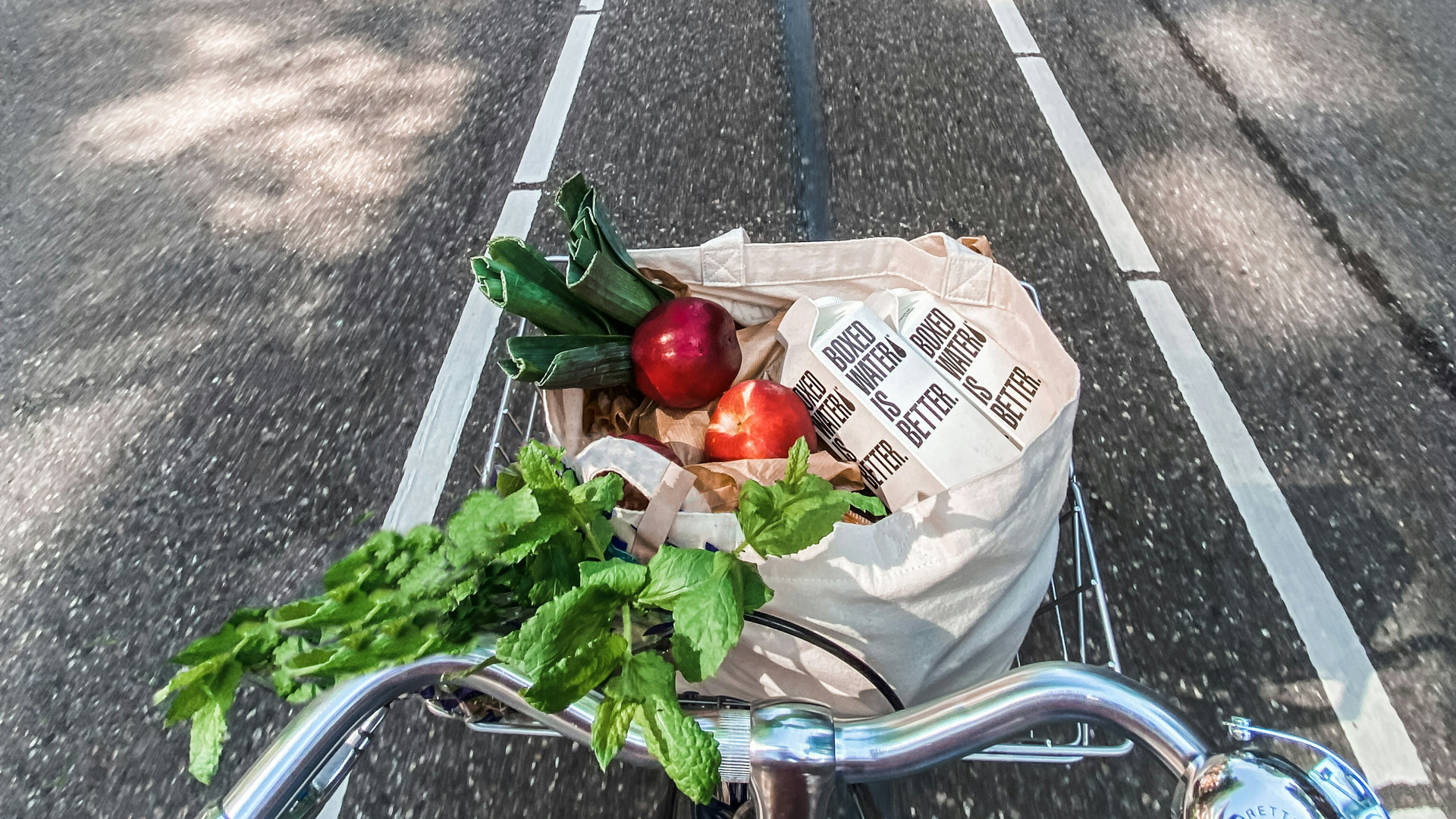 Photograph of a bike basket with a shopping bag full of fresh vegetables.