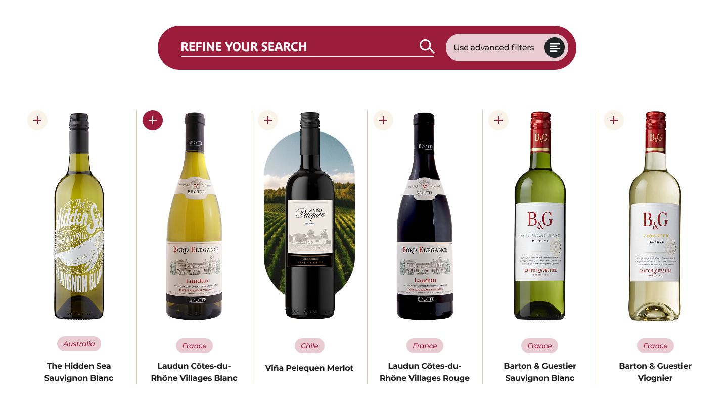 An image showing a selection of wines on the Kingsland website with a filter option.
