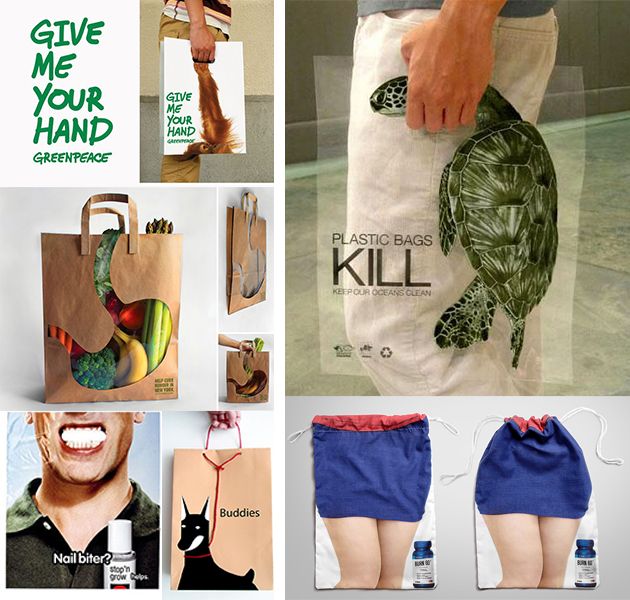 Collage of brands who have utilised advertising on carrier bags