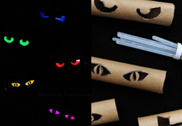 Photos of Creepy Glowing Eyes Made from Kitchen Paper roles and coloured glow sticks