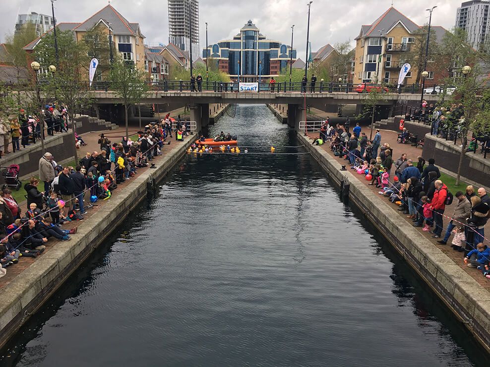 Photograph of the MediaCity duck race start line
