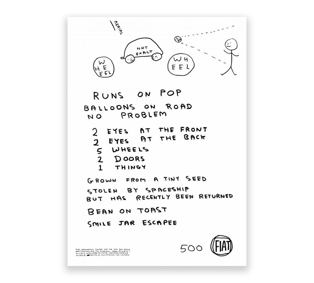 Image of hand drawn advert for Fiat 500 car