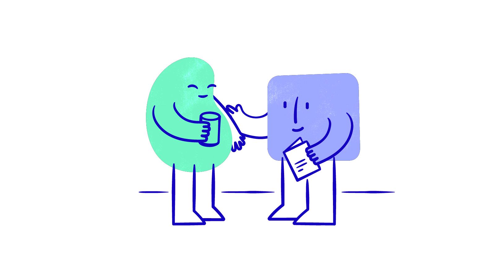 Two illustrated characters talking, with one handing the other a leaflet.