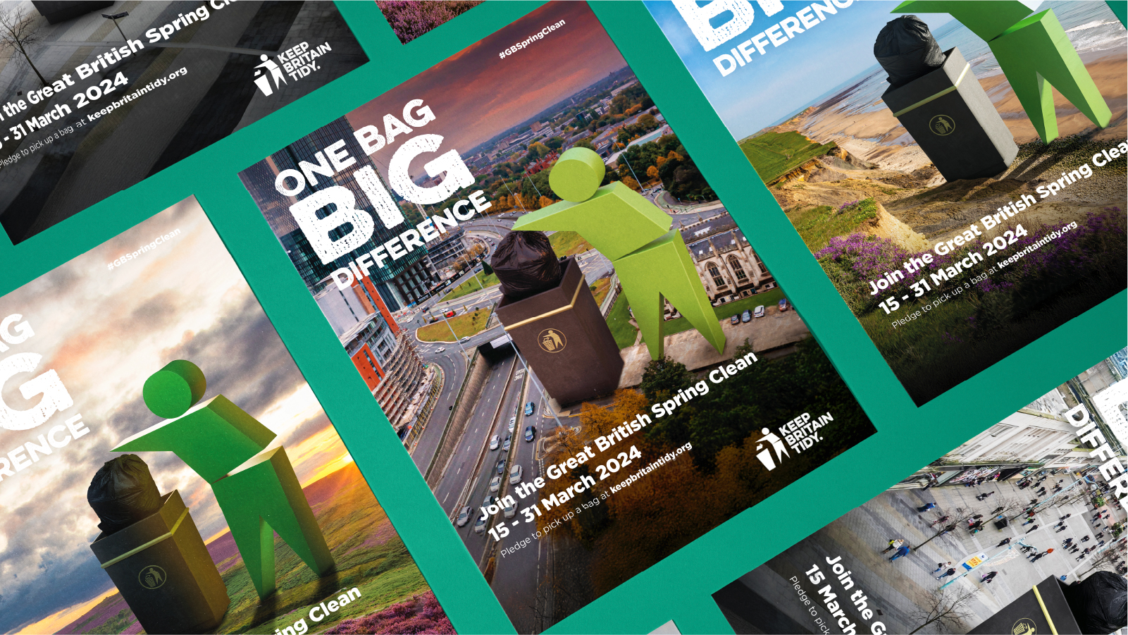 A set of posters showing the Keep Britain Tidy icon man picking up litter in various scenes.