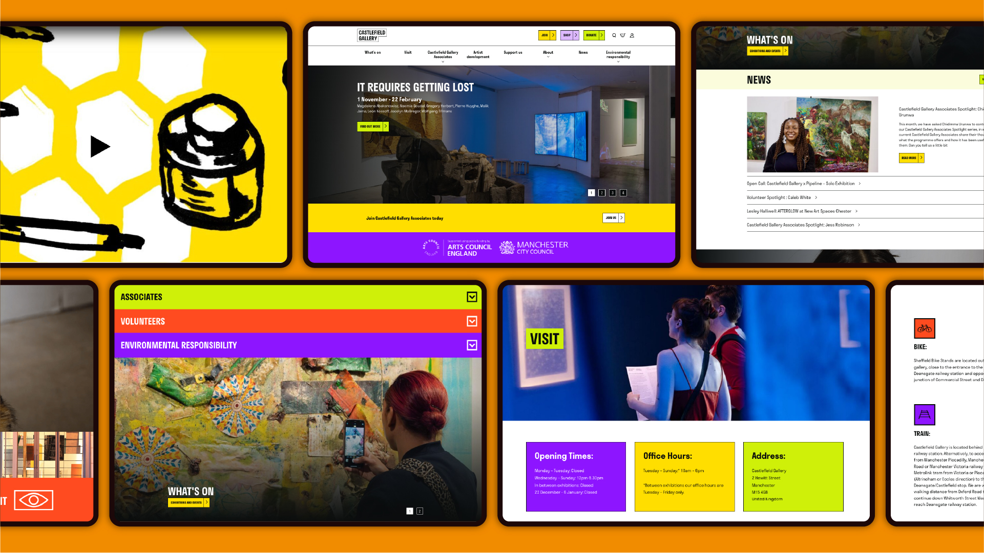 5 screens each showing a different page of the castlefield gallery website